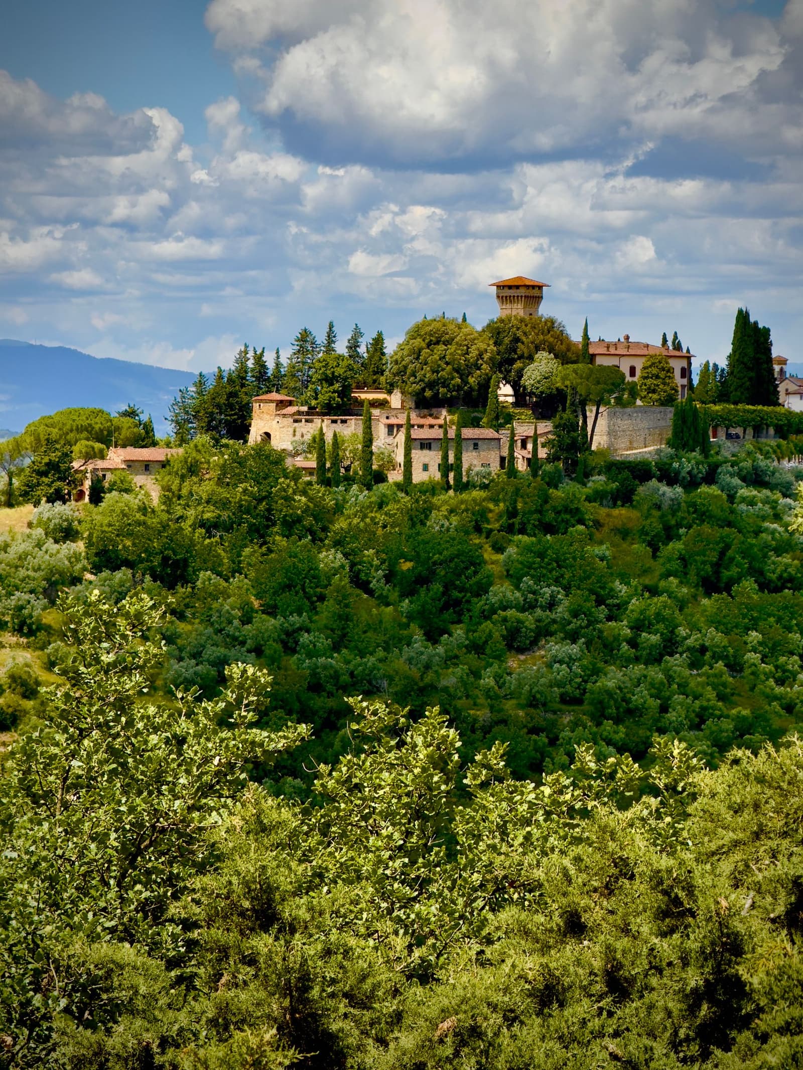 Stenen dorp op een heuvel met een toren omringd door wijngaarden en cipressen in Chianti