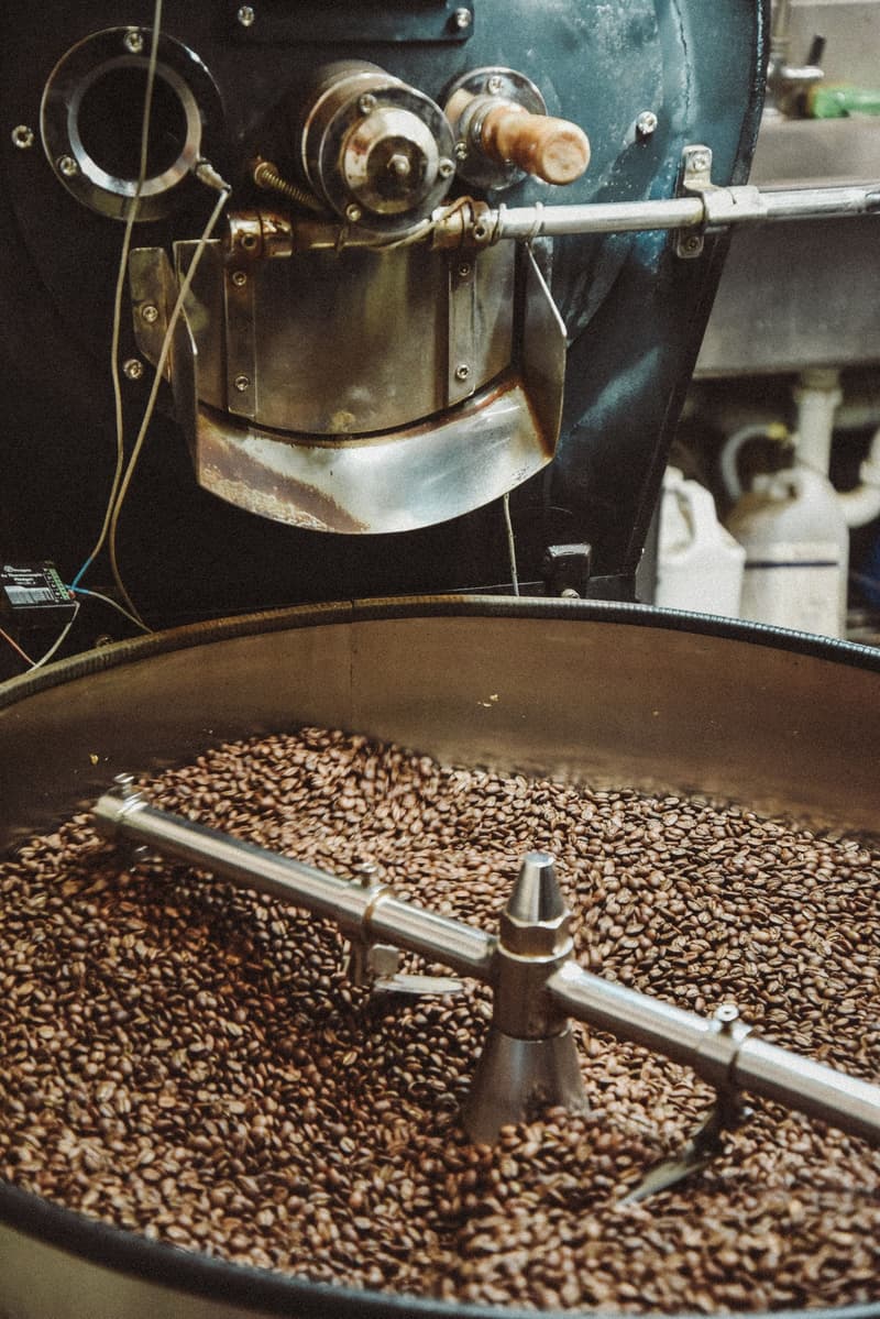 Chicchi di caffè appena tostati che cadono nel tamburo di una torrefattrice industriale
