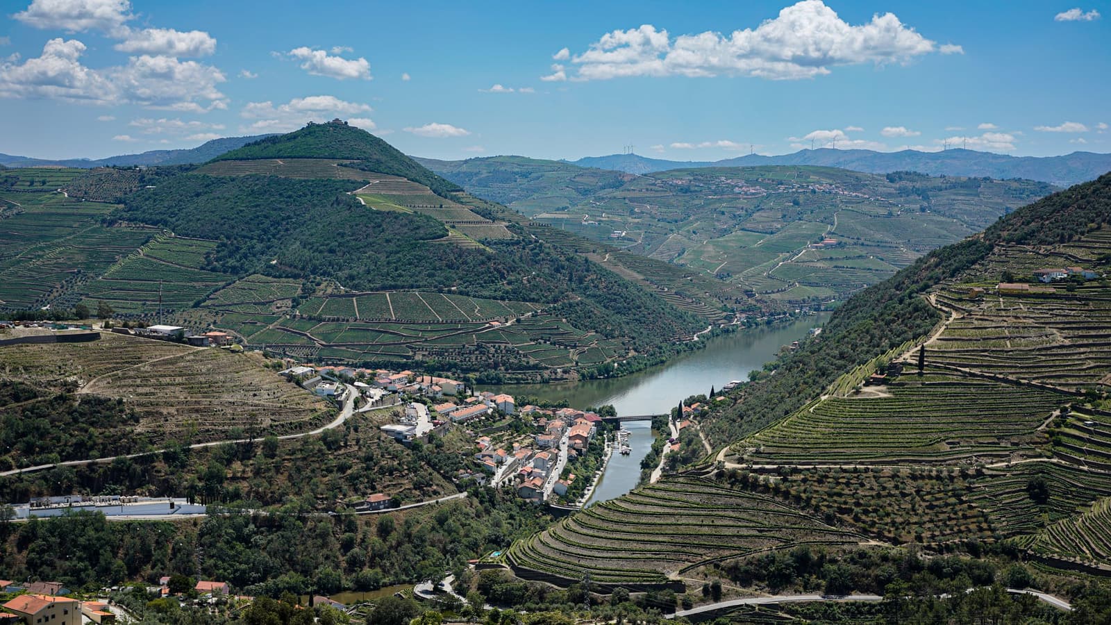Vista aérea de viñedos en terrazas y un pueblo junto al río Duero