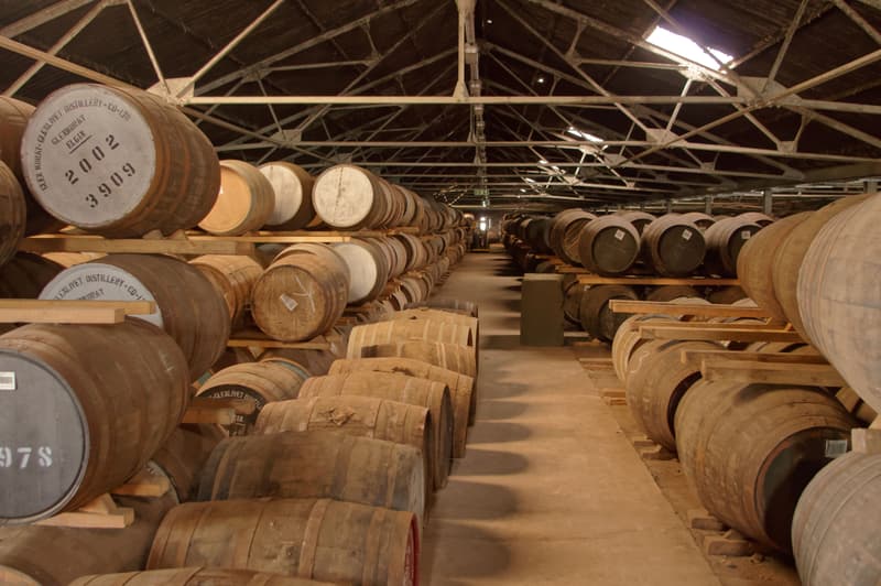 File di botti di rovere che invecchiano nel magazzino di una distilleria