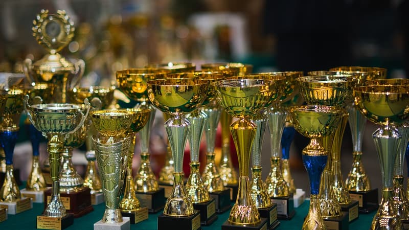 File di coppe trofeo dorate e argentate allineate su un tavolo durante un evento di premiazione
