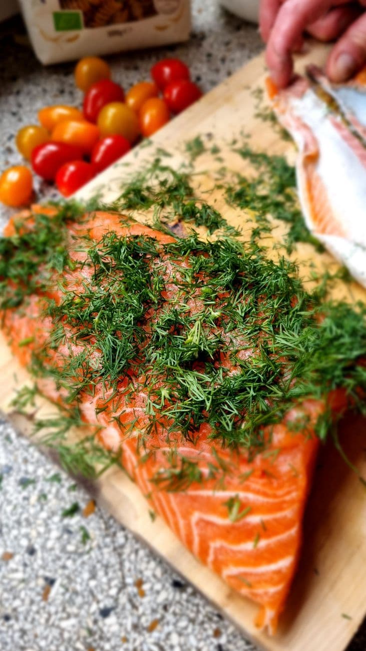 Raw salmon fillet covered in fresh dill before the salt cure