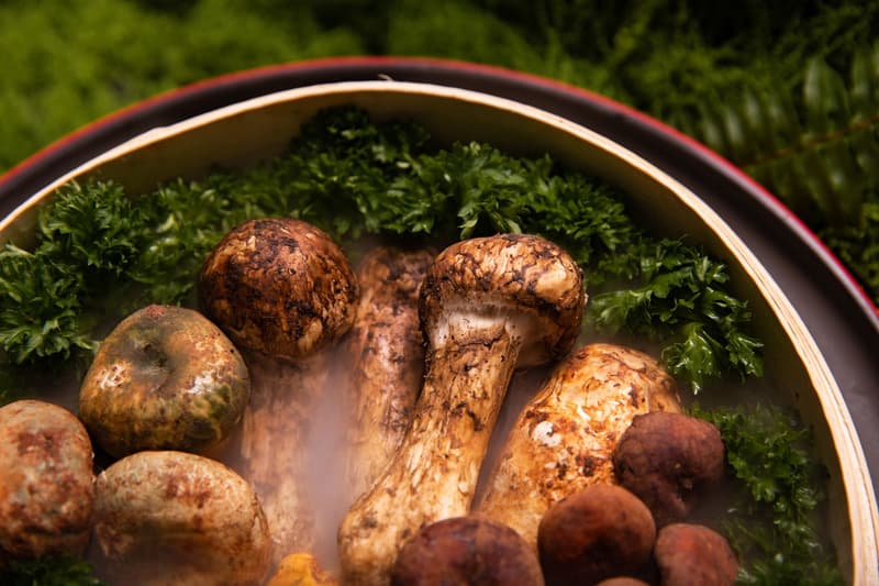 Champignons matsutake frais coupés dans une cocotte, prêts à cuire avec du riz japonais