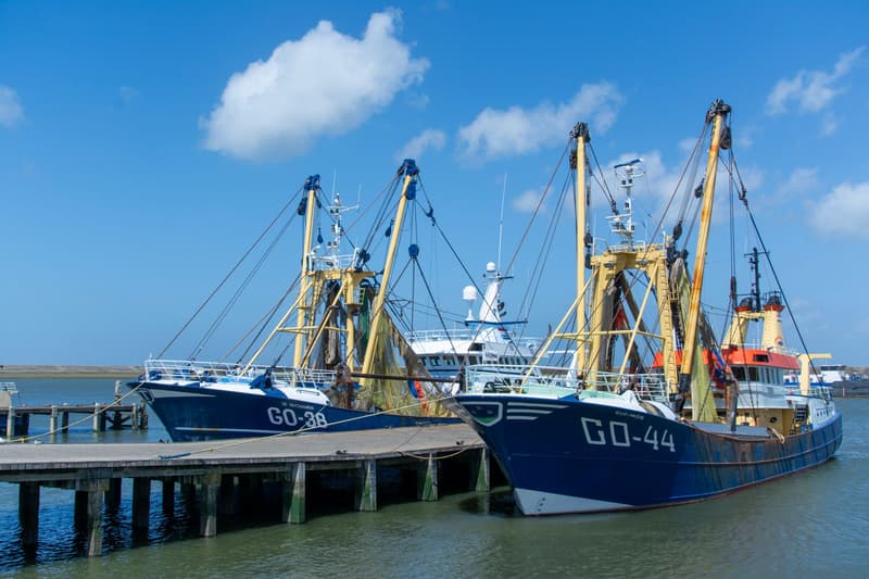 Deux chalutiers à perche néerlandais amarrés dans le port de Stellendam sous un ciel dégagé