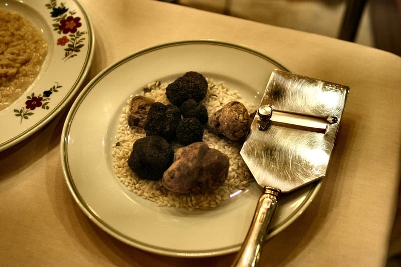 Truffes de Bourgogne entières et truffes d'été pâles sur un lit de riz cru