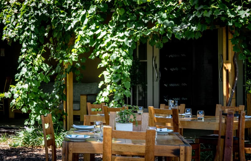 Terraza de restaurante entre viñedos con mesas de madera listas para el almuerzo en Winelands