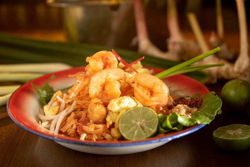 Pad thai ai gamberi con lime, germogli di soia e cipollotto su un piatto smaltato