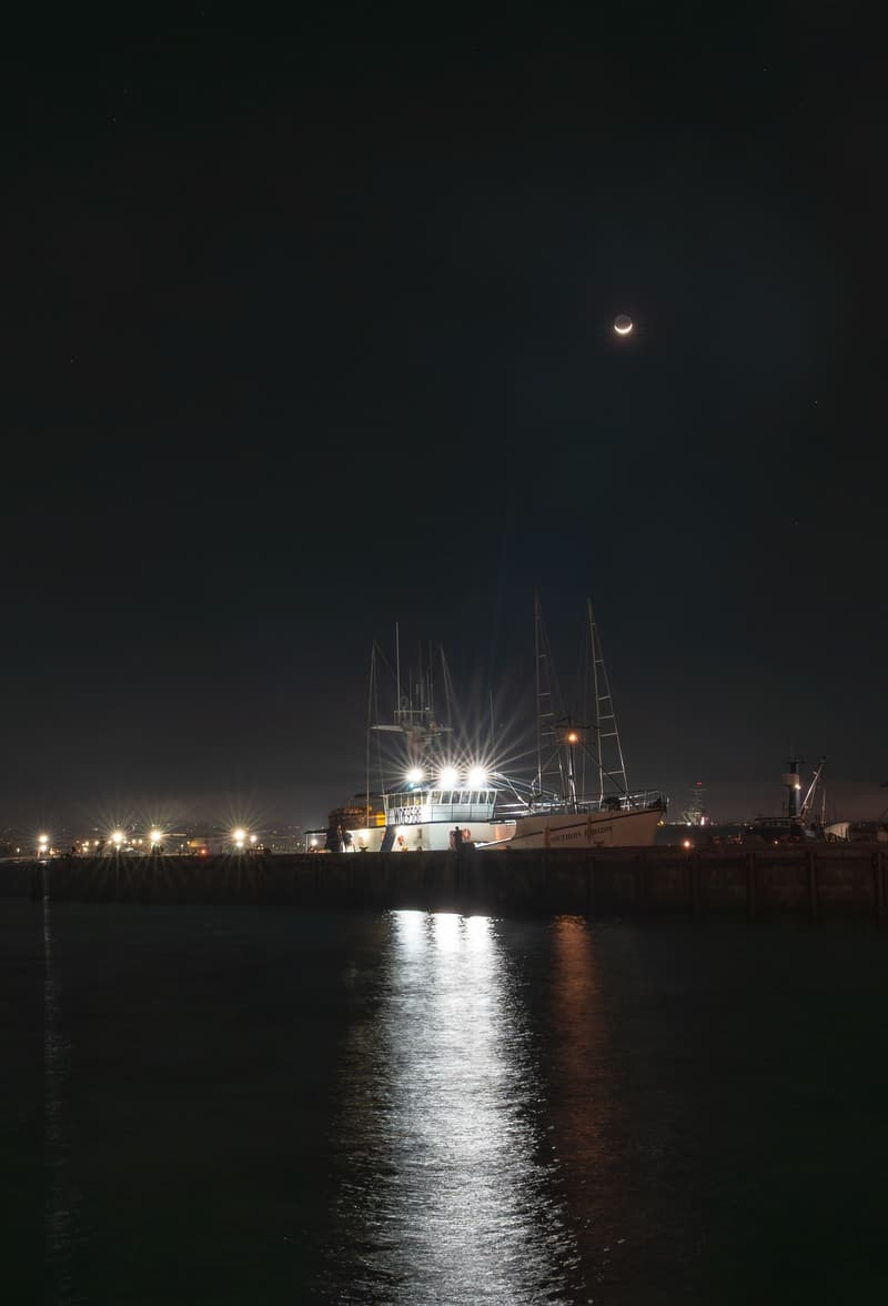 Barche da pesca illuminate in un porto tonniero di notte con una luna crescente