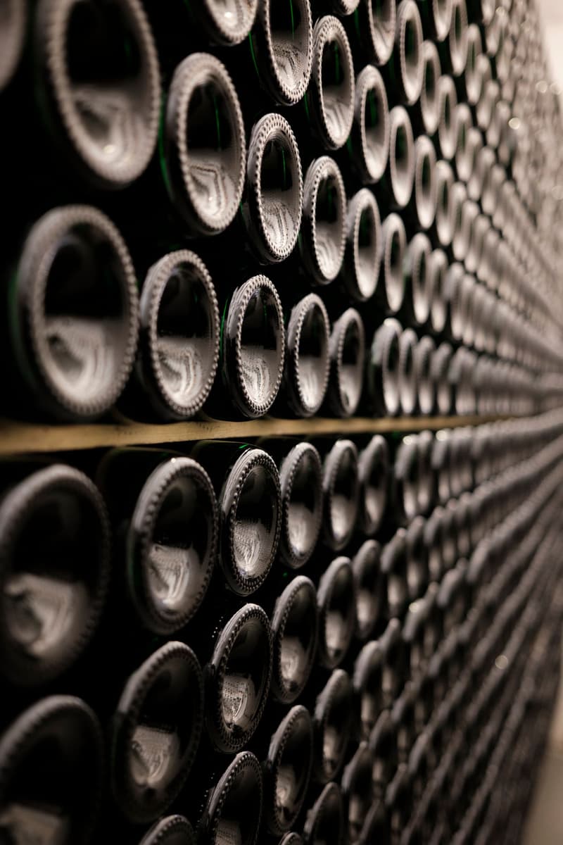 Gros plan de bouteilles de vin vieillissant en rangées dans une cave sombre