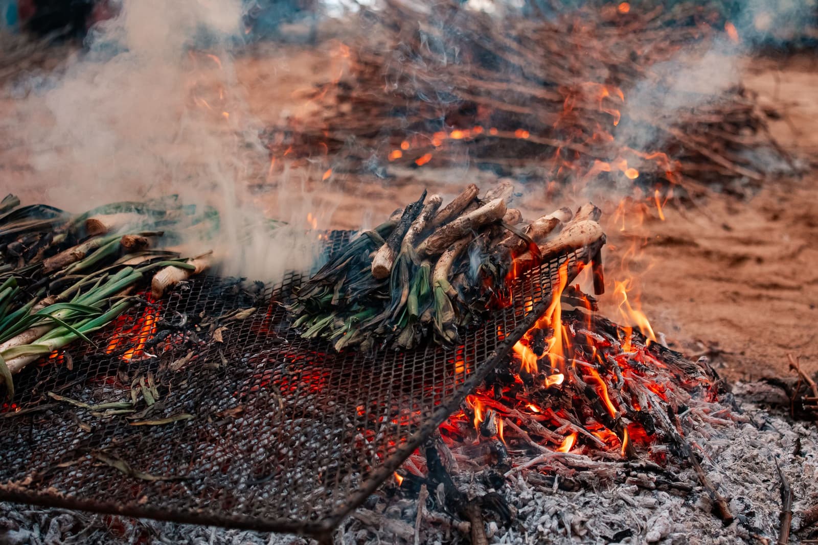 Hele preien die zwart grillen op een houtvuur in de open lucht