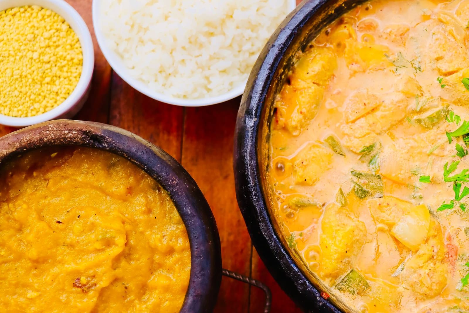 Ragoût de poisson moqueca brésilien servi avec du riz dans une cocotte en terre cuite