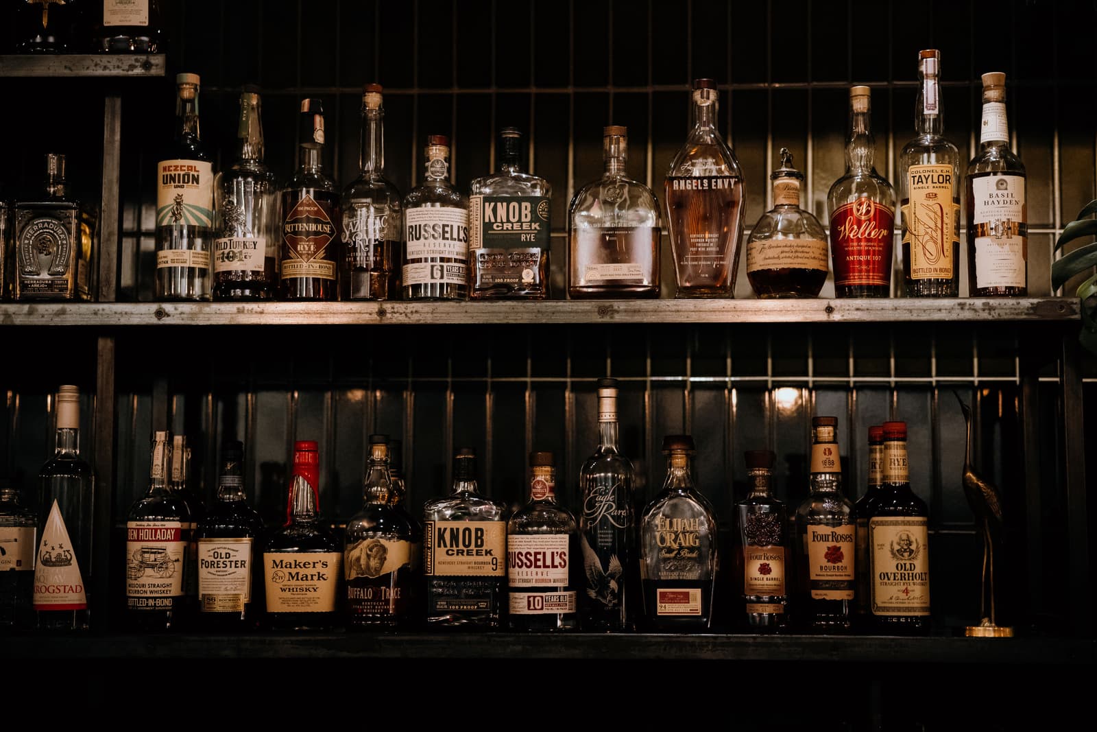 Rows of whisky bottles lit on dark bar shelves